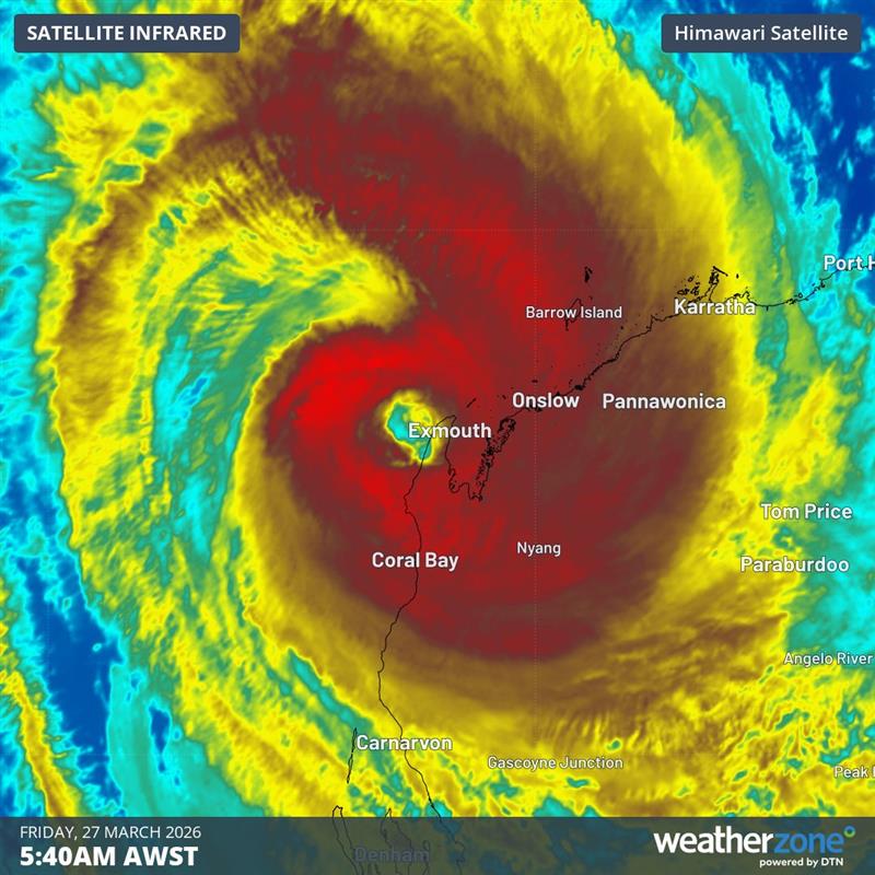 weatherzone's tweet image. Severe Tropical #CycloneNarelle is passing close to #WesternAustralia's North West Cape as a powerful category 4 system this morning. At 6am AWST, its very destructive core was located just 30 km west of Exmouth.

#TCNarelle will continue to cause severe weather over the #Pilbara