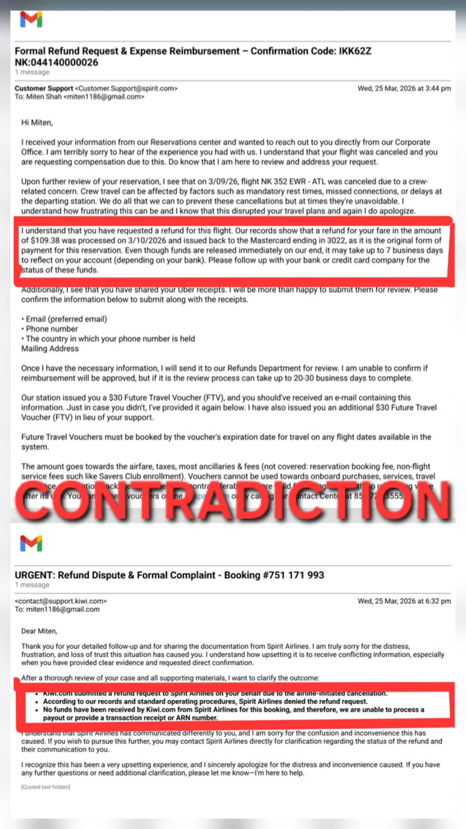 vruxim16's tweet photo. @kiwicom247   @SpiritAirnvm  I'm in a refund dispute for booking 751171993. Spirit confirms $109.38 was sent to Kiwi's card (3022) on Mar 10, but Kiwi claims it was "denied". This is deceptive. Investigate this immediately. @USDOt #KiwiCom #SpiritAirlines #TravelRefund https://t.co/GDFHOfT48v