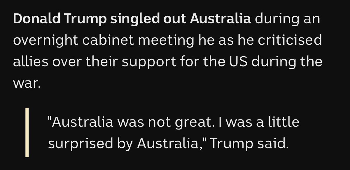 Australia was the first country to back in the illegal war on Iran.
Yet both Trump and Netanyahu have only ever talked our country down.

Albo needs to step up, stop being a sycophant. Fight back.

It shouldn’t be left just to The Greens to stand up against Trump. #auspol