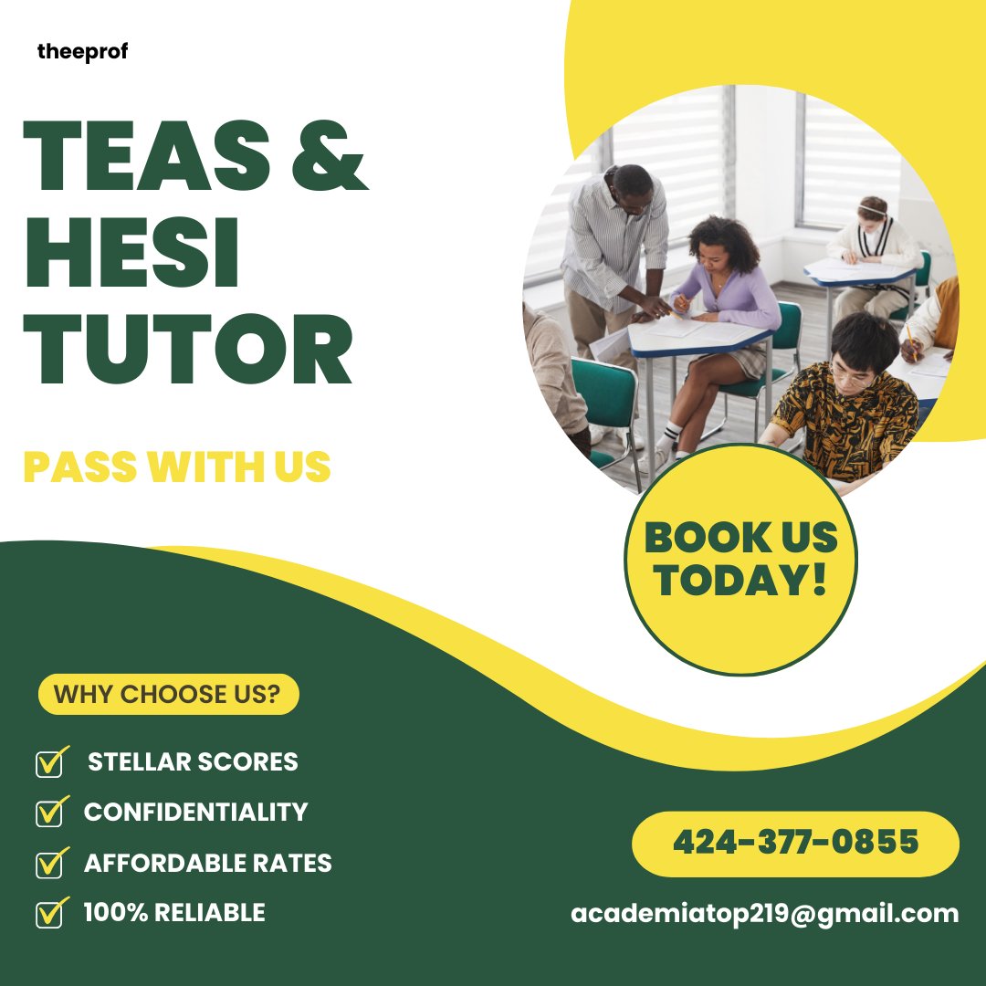 _theeprof's tweet image. Stop stressing about exams and start preparing with professionals who care!
Our TEAS &amp;amp; HESI tutors provide structured lessons and mock tests that guarantee results.
📞 Contact now: +1 (424) 377-0855
#NursingPrep #ExamCoaching #HESIPrep #TEASTraining #AcademicExcellence