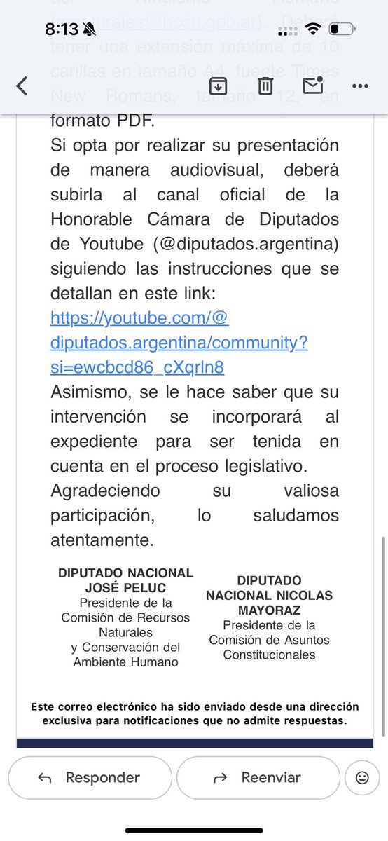 Reitero como Ministro de Producción y Ambiente junto al secretario <a href="/santiago_azulay/">Santiago Azulay</a> hemos sido notificados que no podemos asistir al congreso a dejar sentada la posición de <a href="/QuintelaRicardo/">Ricardo Quintela</a> de nuestro Gobierno y del pueblo de la zona de cordillera y de las sierras pampeanas donde