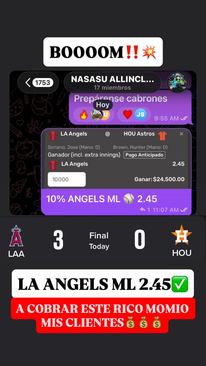 LA ANGELS ML✅ Momio 2.45💰
PASAN A COBRAR MIS CLIENTES DE ORO🫶🏼
MLB UNA LOCURA⚾️