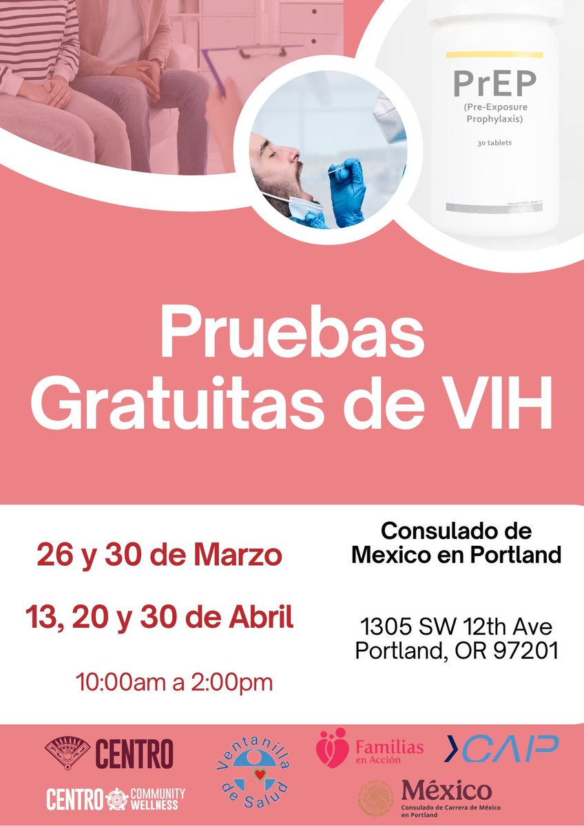 ConsulMexPot's tweet photo. #VDSPortland | 📢 La #VentanillaDeSalud de @ConsulMexPot ofrece pruebas de VIH gratuitas, confidenciales y rápidas para nuestra comunidad. 🇲🇽🩺Infórmate sobre las fechas disponibles y cuida tu salud. #AcércateATuConsulado #SaludParaTodasYTodos https://t.co/VrF8Zc2IHR