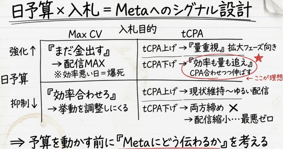 LAPPER_s_HIGH's tweet photo. Meta広告の日予算を変えたとき、配信がどう動くかは入札戦略との組み合わせで全然変わる。
ここの感覚がないまま予算をいじると、意図しない方向に配信が振れる。

・たとえばMax CVで日予算を強化したとき。
Metaは「このアカウント、まだお金出してくれるんだ」と解釈して、配信量を最大化しにいく。imp出しやすい面にどんどん広がっていく。
で、効率が悪い日に当たると一気に爆死する。
予算を増やしたのに成果が落ちるってやつは大体このパターン。

・同じMax CVでも日予算を抑制すると動きが変わる。
「効率が合わないから予算下げられた」とMetaが受け取って、効率を合わせにいく挙動になる。頑張らないと配信させてもらえない、という状態。

・tCPA × 日予算強化 × tCPA上げ、はわかりやすい。
「多少効率悪くてもいいから量を出してくれ」というシグナル。配信量は伸びるけど、CPAの制御が甘くなる。拡大フェーズ向き。

・で、一番おいしいのがtCPA × 日予算強化 × tCPA下げ。
一見すると矛盾してるように見える。予算は増やすのにtCPAは締める。
けどMetaからすると
「配信量を出したいなら効率改善しないとダメだよ」というシグナルになる。
CPA合わせながら配信を伸ばそうとする動きになるので、やりたいことそのものになってる。
効率と量、どっちも追える組み合わせ。ここに落とし込めるかどうかが運用の精度を分ける。

・一番まずいのがtCPA × 日予算抑制 × tCPA下げ。
両方で締め付けてるから、Metaからすると「頑張る意味がない」。配信はどんどん縮小していって、最悪まったく出なくなる。

予算と入札の組み合わせは、Metaへのシグナル設計そのもの。
同じ金額の変更でも、組み合わせ次第でMetaの解釈がまるで逆になる。
予算を動かす前に「これでMetaにどう伝わるか」を考える。運用判断の起点はそこにある。