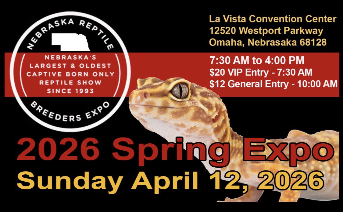 GlennEisel's tweet photo. Nebraska Reptile Breeders Expo
SUNDAY April 12th 2026 
Embassy Suites Hotel 
La Vista conference center
12520 Westport PKWY
Omaha NE 68128 7:30AM VIP entry $20 10AM entry $12.00A $5.00C https://t.co/dTXyfpdEXj https://t.co/7dXtnTf3FL