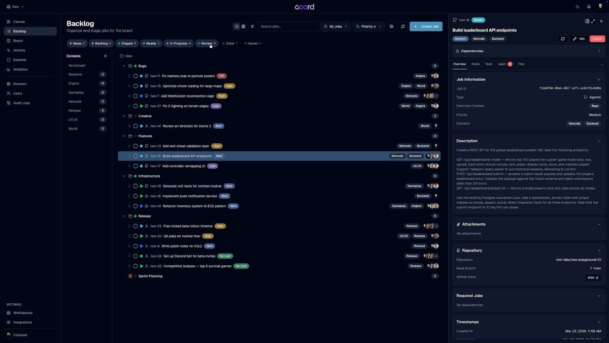 CoordHQ's tweet photo. Running AI agents in 12 terminal tabs isn't scaling. Coord queues the jobs, spins up worktrees, opens PRs, and tracks CI — so you can focus on the review, not the wrangling. Your code. Your merge button. Start building free ↓
