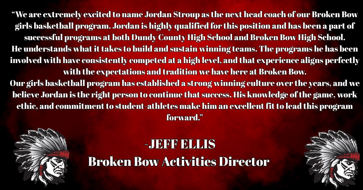 We are extremely excited to announce Jordan Stroup as our new Head Girls Basketball Coach of the Broken Bow Indians <a href="/BBHSINDIANSS/">Broken Bow Indians 🏹</a> #GoBow <a href="/StroupNE/">Jordan Stroup</a>