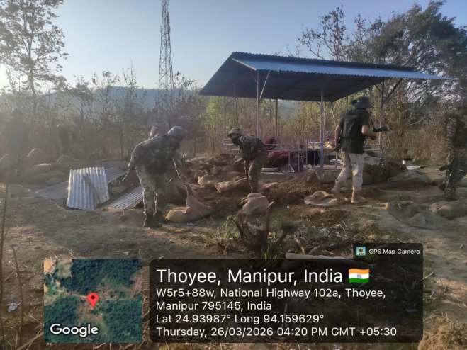 manipur_police's tweet photo. In continuation of operation launched by security forces, 52 (fifty-two) bunkers illegally constructed were dismantled on 26.03.2026 at Mahadev Thoyee ridge and Zalengbung ridge in Ukhrul District. https://t.co/axQhReA0Cy