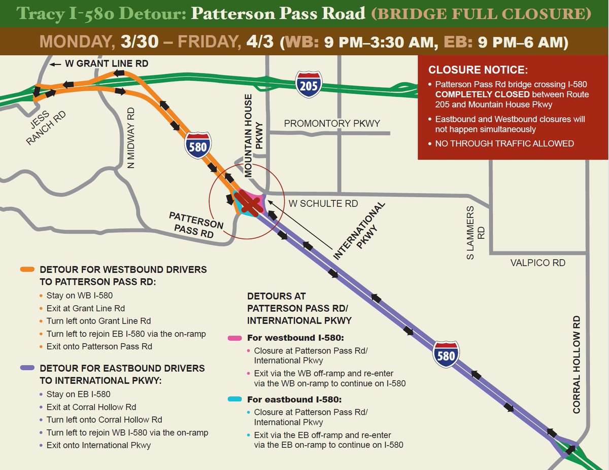 UPDATED MAP INFORMATION:
TRAFFIC ADVISORY:  MARCH 30TH thru APRIL 3RD I-580 E/B AND W/B AT PATTERSON PASS,  MAJOR ROADWAY CONSTRUCTION.  EXPECT DELAYS DURING THESE HOURS, POSTED BELOW. CHP WILL BE IN THE AREA.   Please adjust your commute accordingly.