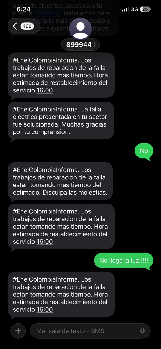 Schlesinger79's tweet photo. @EnelClientesCO Es que necesito que me informen ya mismo a qué hora van a poner la luz!  Me acaba de llegar otra vez el aviso de que a las 16:00 lo reestablecen. Son las 18:25!!! https://t.co/sfL7teAlKH