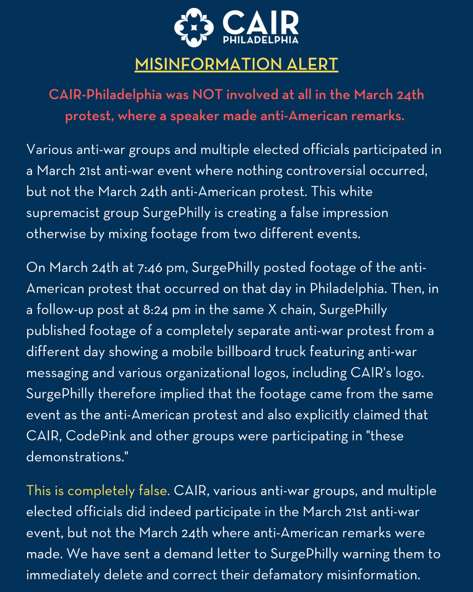 CAIRPhilly's tweet photo. @Surge_Philly Misinformation Correction: CAIR-Philadelphia was NOT involved at all in the March 24th protest, where a speaker made anti-American remarks. Statement attached. @cairnational https://t.co/qdRpOo0DnW