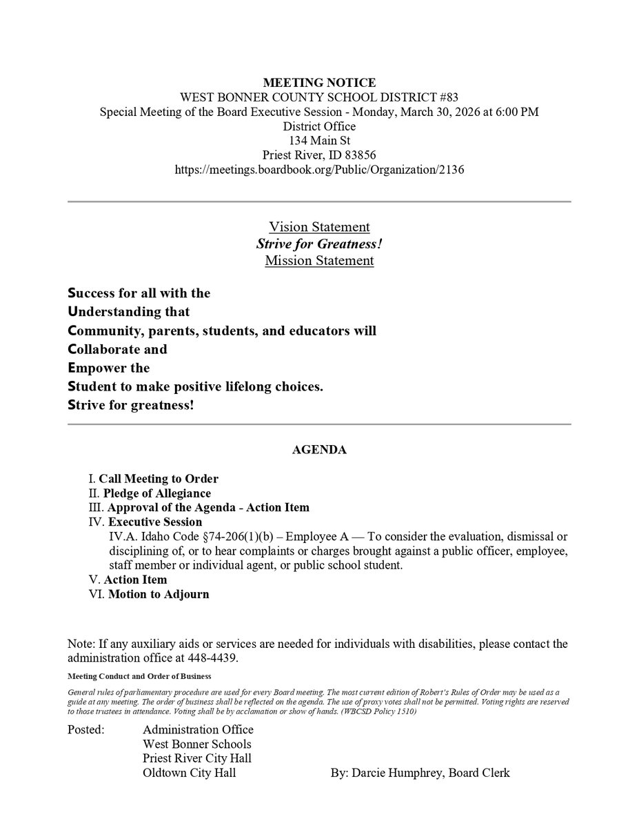 Please see the attached Agenda for next Monday's Special Meeting of the Board. It is a closed Executive Session.