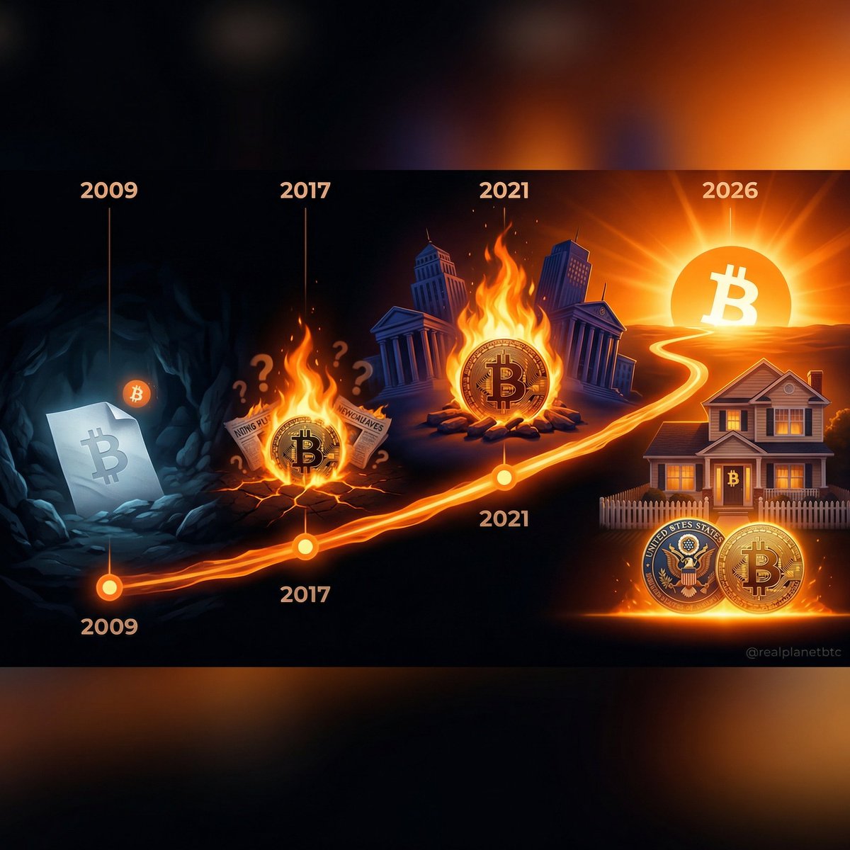 realPlanetBTC's tweet photo. 2009: A whitepaper no one read.

2013: A currency no one trusted.

2017: A bubble everyone laughed at.

2021: An asset everyone wanted.

2026: Fannie Mae collateral for your mortgage.

The most improbable 17-year arc in financial history.

And we're still early. https://t.co/Jhcje3jOX1
