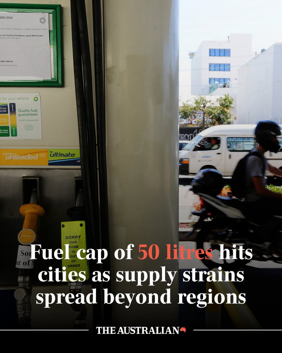 australian's tweet photo. Some petrol stations in metropolitan areas have begun limiting how many litres customers can pump, as supply strains once confined to regional Australia spread into major cities despite assurances fuel inventory remains adequate.

On Sydney’s Northern Beaches, a Shell-branded Viva service station informed customers they could not buy more than 50 litres per vehicle due to supply restrictions, with the filling of jerry cans or external tanks banned.  https://t.co/mcPi0MjRzb