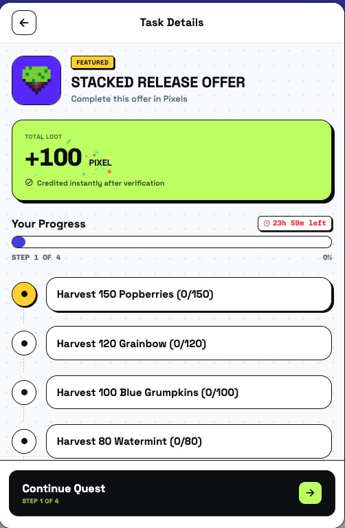 purikku22's tweet photo. Start earning today!
My first task details is farming crops worth 100 $PIXEL 
Lezzzgo!

Go to https://t.co/WRFOg1KJpL to check yours!
Kudos to the team for the soft launch of the app!

@stacked_app x @pixels_online x  @Ronin_Network https://t.co/Wsv5PEUXS7
