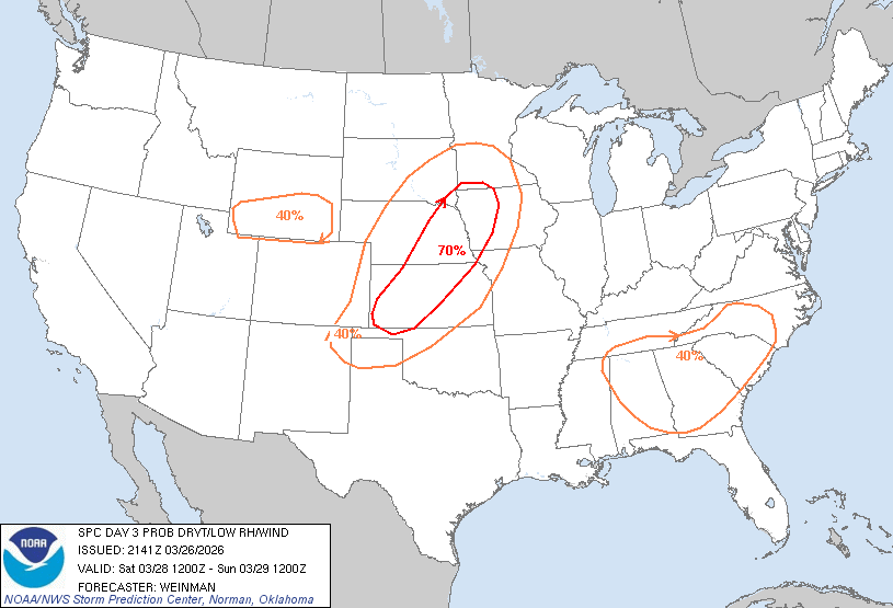 ***CRITICAL FIRE WEATHER CONDITIONS EXPECTED SATURDAY, MARCH 28TH, 2026*** 

Confidence is growing in widespread fire weather concerns for Saturday.

Sustained winds 20-30mph with gusts up to 45mph, combined with RH values near 10%, will promote critical fire weather conditions.