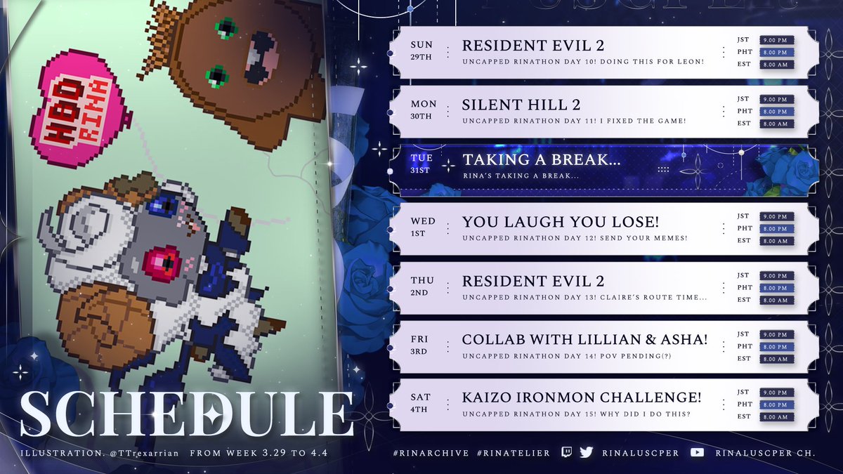 🩸💤𝗦𝗖𝗛𝗘𝗗𝗨𝗟𝗘 𝗙𝗢𝗥 𝗠𝗔𝗥 𝟮𝟵𝗧𝗛 - 𝗔𝗣𝗥 𝟰𝗧𝗛🩸💤

I fixed up my settings and I'm ready for another week of my birthday Rinathon!!💖

Fan Name: #Rinacchis🐑
Art: #RinAtelier🎨
Clips: #RinArchive 📎
Memes: #RinaMemez🤡
NSFW:  #CoomeRina🔞