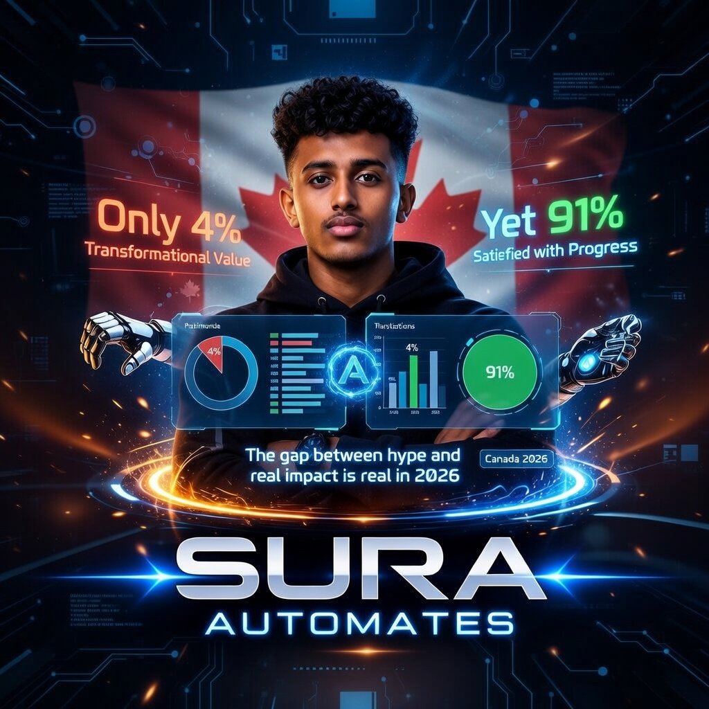 SuraAtomation's tweet photo. Only 4% of Canadian businesses using AI say it’s delivering “transformational” value — yet 91% are satisfied with progress. The gap between hype and real impact is real in 2026. 📊 #BusinessOfAI #AIAdoption https://t.co/ntEc3Fu3i7