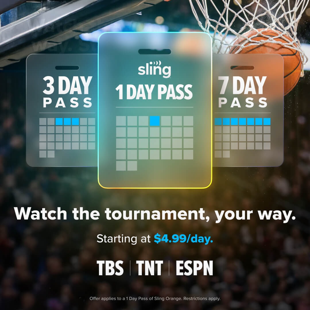 Sling's tweet photo. Catch the court-side chaos with a 1, 3, or 7 Day Pass. Watch the tournament with Sling, starting at $4.99/day