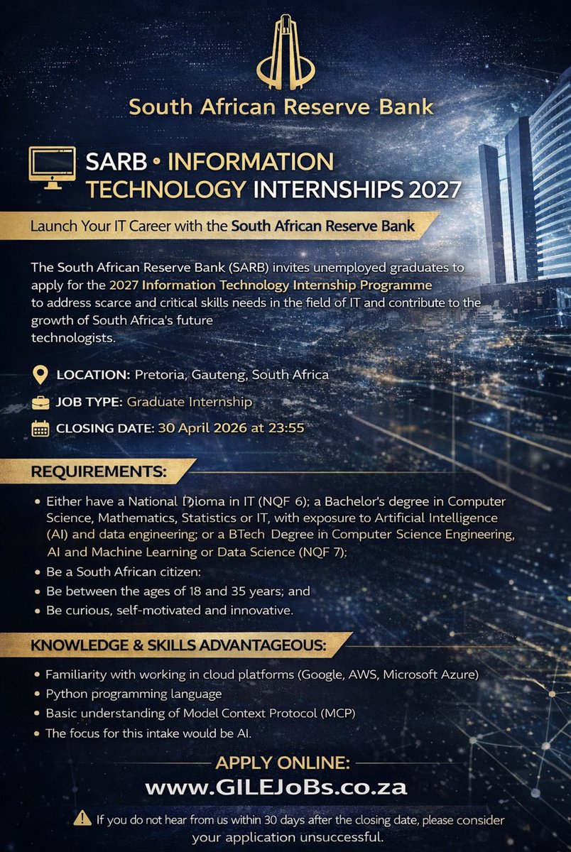 GILEJoBs_SA's tweet photo. Apply for SARB’s IT Internships 2027

Visit: https://t.co/gei5VLEHlJ for more details and to apply

Don’t miss out. Deadline is 30th of April 2026 at 23:55

CV Revamp: https://t.co/tNSaVbOOUi - it might just be the boost you need!

📲 WhatsApp: https://t.co/I2cX4P0mY8

#Jobs #Job https://t.co/6QU8j7uuH9
