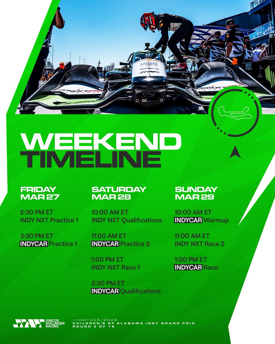 Schedule for this weekend in Barber! 🕷️

Let’s go, guys! 💪🏻

#GoJHR #IndyCar