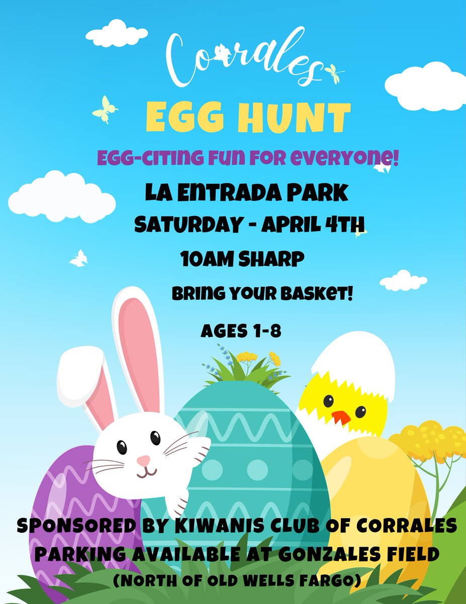Corrales Egg Hunt is tomorrow!🐰🐤

Join us at La Entrada Park at 10 AM for this fun community tradition. Ages 1–8 welcome. Don’t forget your basket!

We appreciate the Kiwanis Club of Corrales for making this event possible.

#VillageOfCorrales #Easter #SeeSandoval