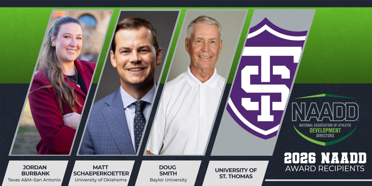 NAADDevelopment's tweet photo. Congratulations to our 2026 Award recipients!👏

🏆 Rising Star: @Jordan_Burbank
🏆 Fundraiser of the Year: @mattschae 
🏆 Lifetime Achievement: Doug Smith @BearFoundation
🏆 Fundraising Team (Inaugural): @TommieAthletics 
 
🔗 https://t.co/xopCb90TlE https://t.co/ggDrkLW9W1