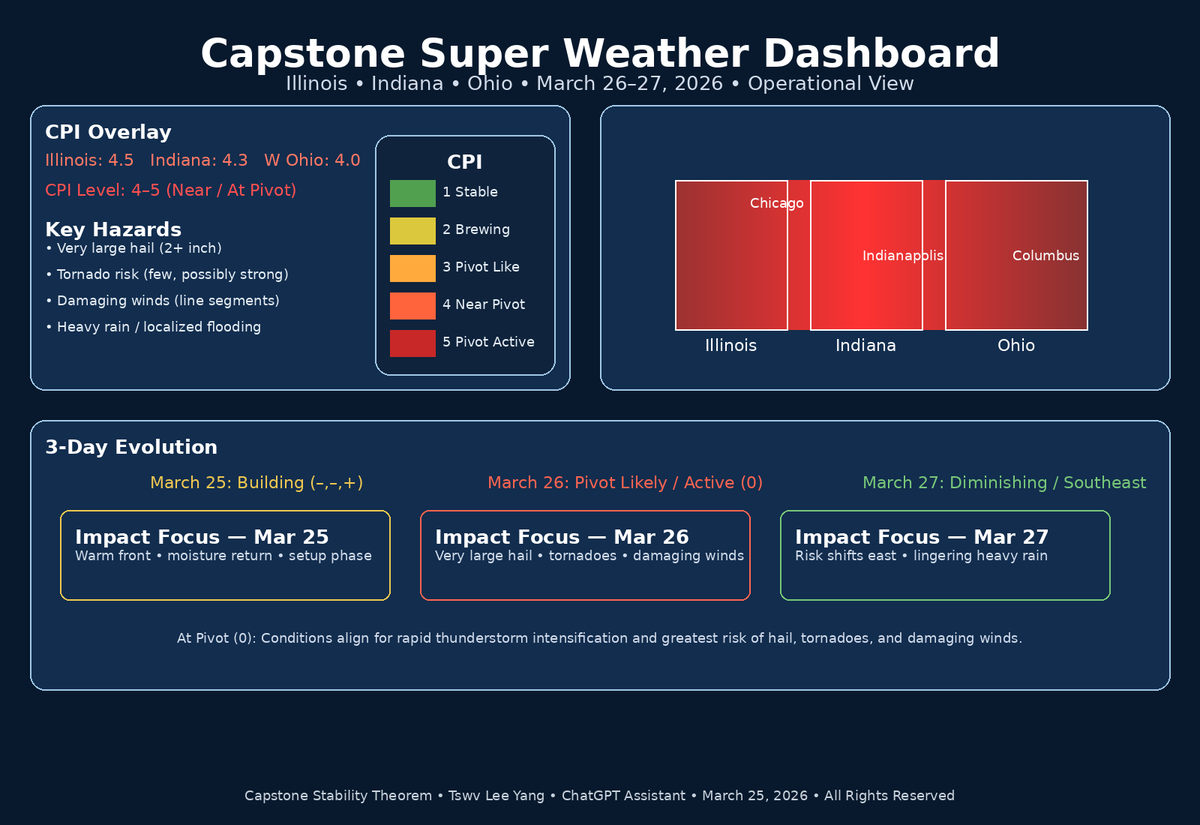 HEIS_Tswvlis's tweet image. #Capstone Super #Weather Dashboard for March 26, 2026

#Storm forecasted for Illinois, Indiana, &amp;amp; Ohio area. The storm is building or #brewing &amp;amp; will be heading to #Pivot, which is when the storm will #peak.

Watch #local #warnings and #advisory.

Be safe out there!