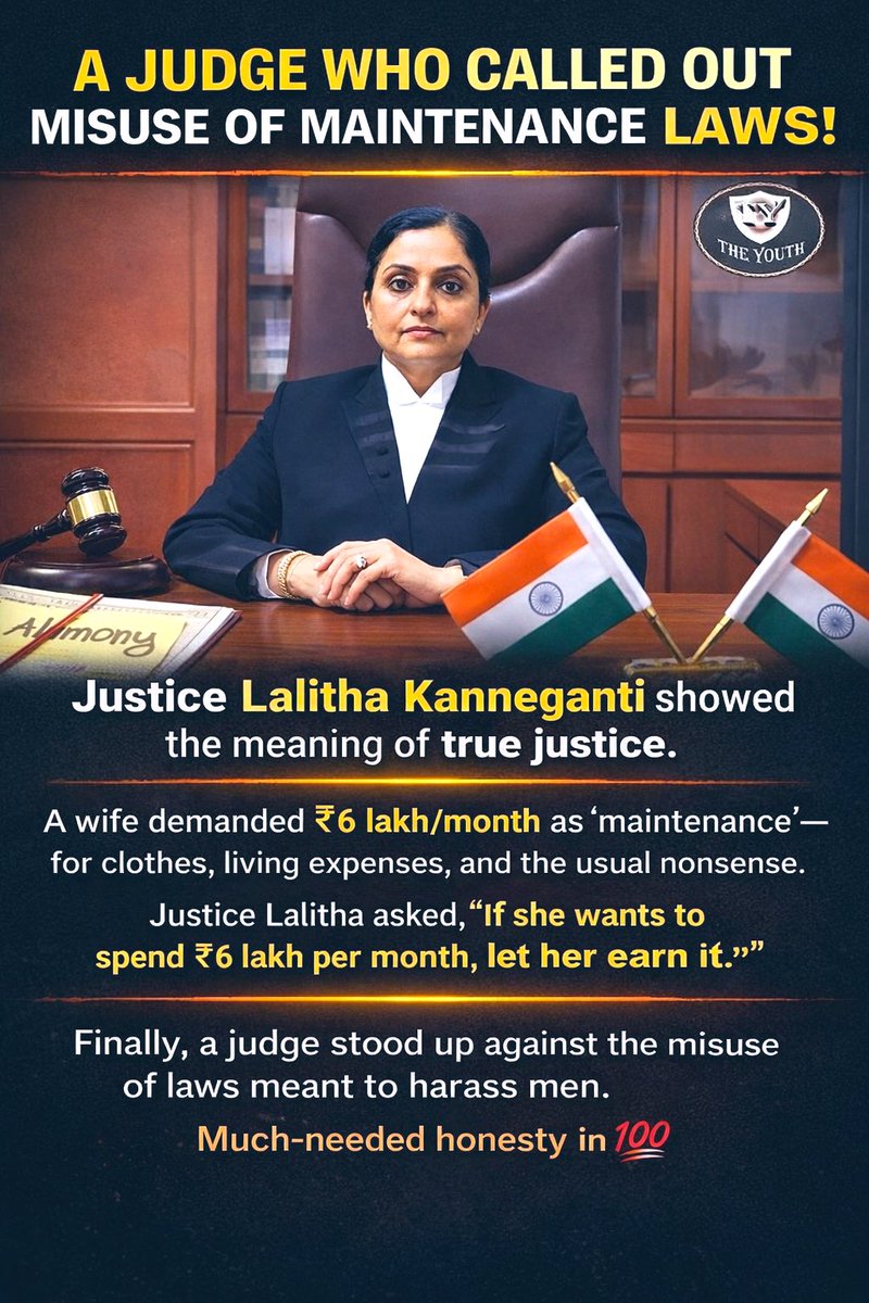 SamSiff's tweet photo. Justice Lalitha Kanneganti of Karnataka High Court just showed what real justice looks like.

A wife demanded ₹6 lakh/month as “maintenance” — for clothes, living expenses and all the usual nonsense.

The judge didn’t buy the drama.
She simply said:
“If she wants to spend ₹6 lakh per month, let her earn it.”

Finally… a judge who refuses to let the law be misused to harass men.
Respect. 🔥💯