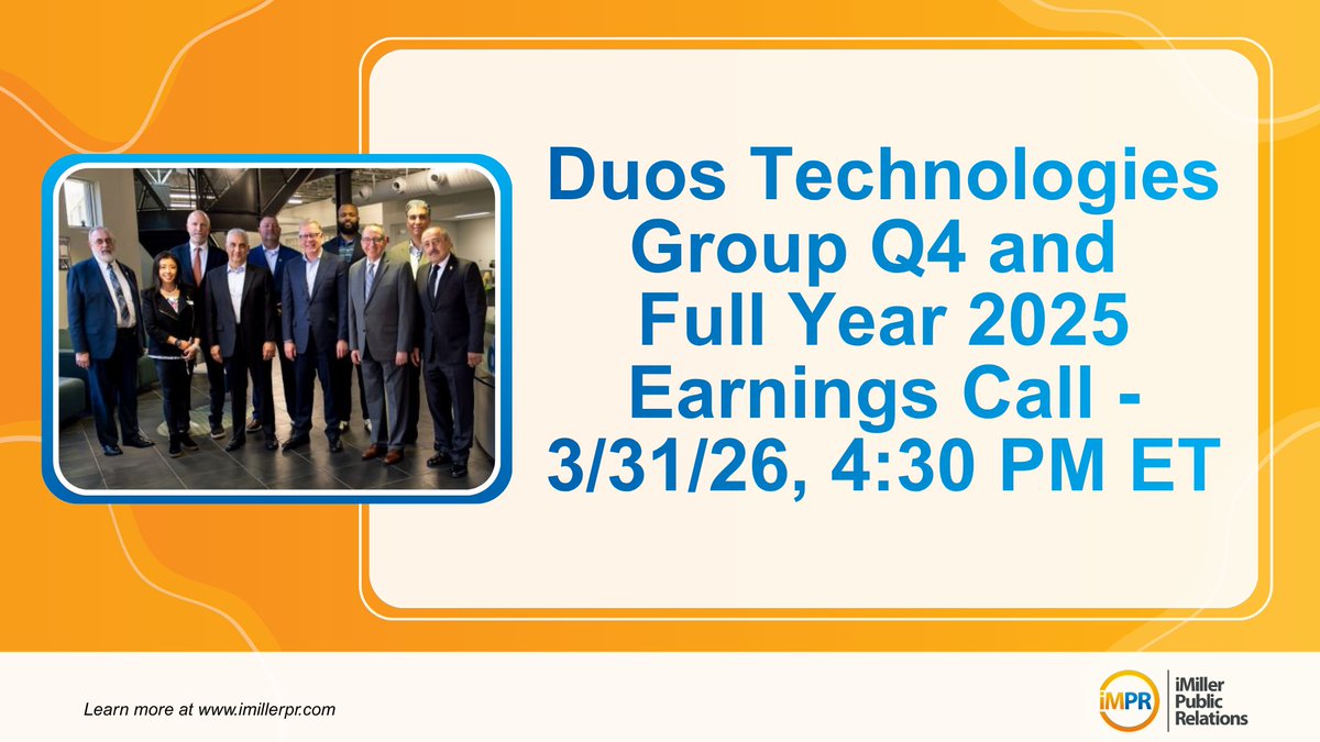 iMillerPR's tweet image. @DuosTech will host its Q4 and full year 2025 earnings call on March 31, 2026 at 4:30 PM ET. Results will be released before the call, followed by Q&amp;amp;A. Live and replay webcast available on IR site. 

Learn more: imillerpr.com/news/duos-tech…
 
#DUOT #EarningsCall #iMPR
