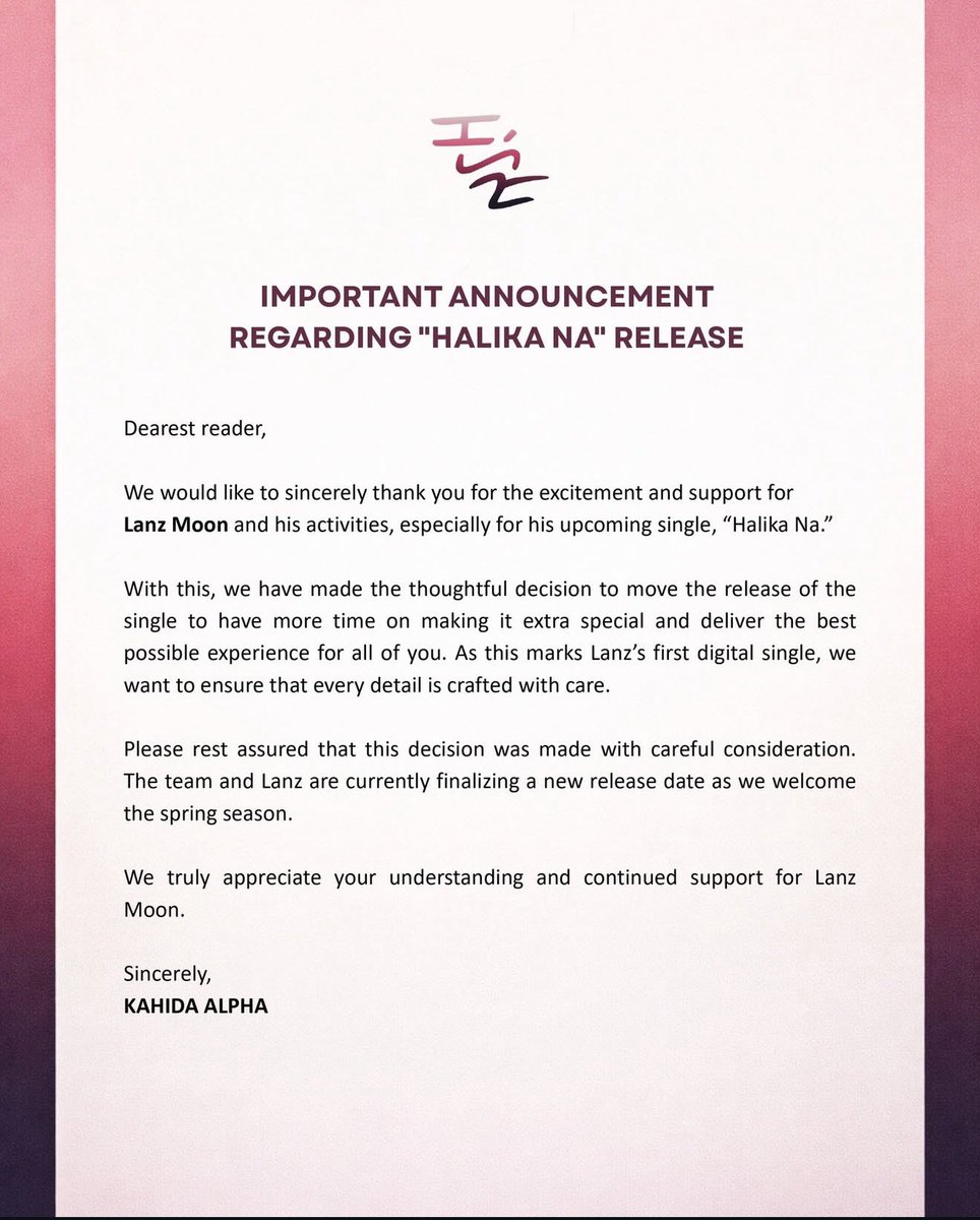 lanzmoon_'s tweet photo. [NOTICE] Important announcement regarding his
release, "Halika Na".

🔗: https://t.co/cmFtzOuoKe https://t.co/HPNnFqPNyi