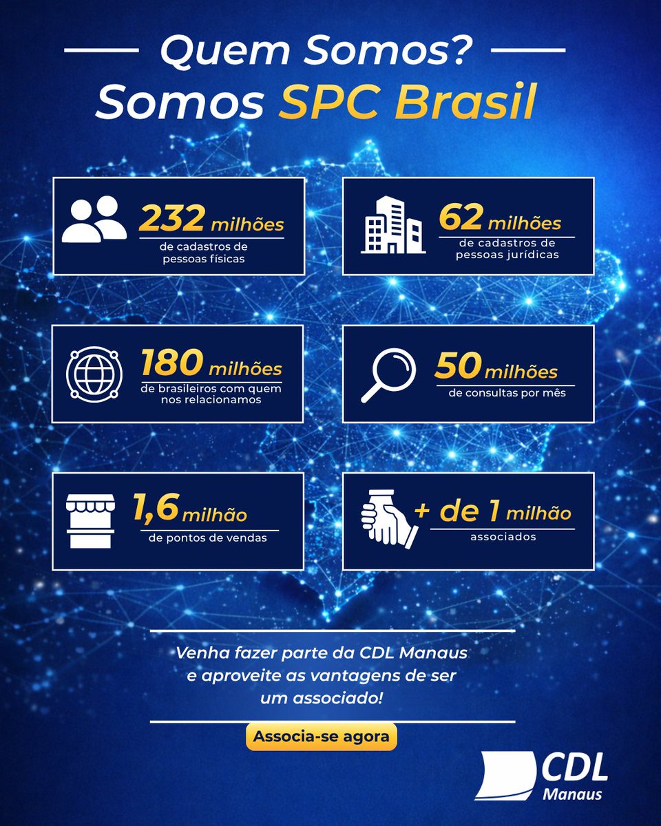 CDLManaus's tweet photo. Somos SPC Brasil uma rede que conecta milhões de brasileiros e empresas, fortalecendo o comércio com inteligência e segurança.

E você pode fazer parte disso.

🚀 Fortaleça sua empresa com quem entende de crédito e desenvolvimento empresarial. https://t.co/Ip5lp5jtUS