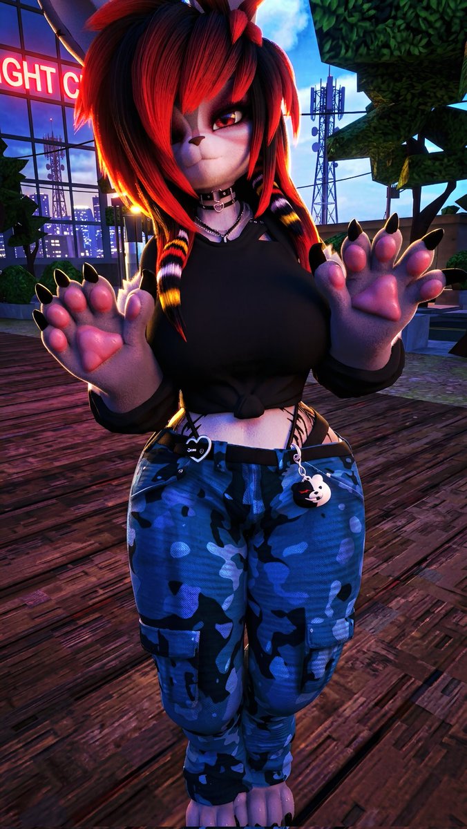 XFlopsyX's tweet photo. #VRChatAvatar #FurryArt #PawBeans #AltGoth #3DArtist #CamoFashion #Monokuma #Anthropomorphic #DigitalCharacter #NeonVibes https://t.co/BOeHJPGuAx