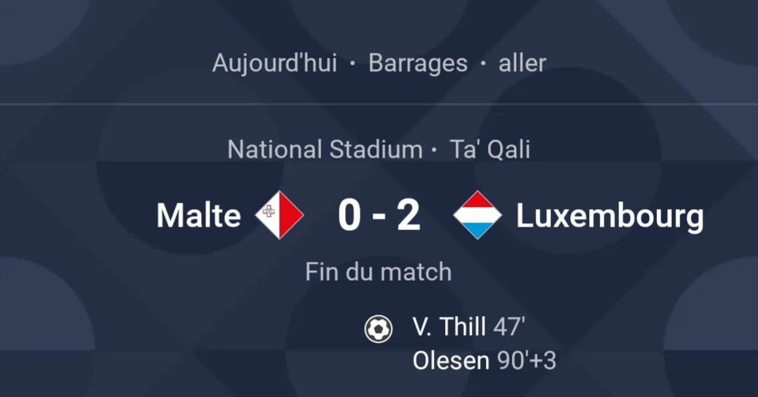 MalteFootFR's tweet photo. Aïe aïe aïe, le 2nd but dans les dernières secondes... 😖

Le Luxembourg s'impose dans ce match aller. Il faudra espérer une remontada mardi soir !! #ForzaMalta https://t.co/Pr5n2RQYlG