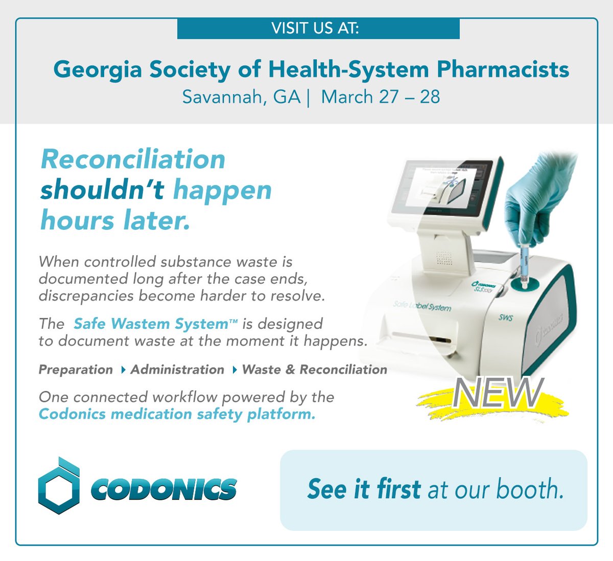 codonics's tweet photo. 𝗥𝗲𝗰𝗼𝗻𝗰𝗶𝗹𝗶𝗮𝘁𝗶𝗼𝗻 𝘀𝗵𝗼𝘂𝗹𝗱𝗻’𝘁 𝗵𝗮𝗽𝗽𝗲𝗻 𝗵𝗼𝘂𝗿𝘀 𝗹𝗮𝘁𝗲𝗿.

Pharmacy is accountable for controlled substances—
but visibility into what happens in the OR is often delayed.

And that delay creates risk.

At @GSHPofficial  𝗦𝗽𝗿𝗶𝗻𝗴, 𝗖𝗼𝗱𝗼𝗻𝗶𝗰𝘀 is introducing a new approach designed to bring controlled substance waste into the moment it happens.

𝗧𝗵𝗲 𝗖𝗼𝗱𝗼𝗻𝗶𝗰𝘀 𝗦𝗮𝗳𝗲 𝗪𝗮𝘀𝘁𝗲 𝗦𝘆𝘀𝘁𝗲𝗺™ (𝗦𝗪𝗦)
– designed to document waste at the point of care
– supports accurate records and pharmacy visibility
– helps reduce reconciliation gaps before they start

This is the next step in a workflow pharmacists have been asking for:
𝗣𝗿𝗲𝗽𝗮𝗿𝗮𝘁𝗶𝗼𝗻 → 𝗔𝗱𝗺𝗶𝗻𝗶𝘀𝘁𝗿𝗮𝘁𝗶𝗼𝗻 → 𝗪𝗮𝘀𝘁𝗲 & 𝗥𝗲𝗰𝗼𝗻𝗰𝗶𝗹𝗶𝗮𝘁𝗶𝗼𝗻

If you're attending 𝗚𝗲𝗼𝗿𝗴𝗶𝗮 𝗦𝗼𝗰𝗶𝗲𝘁𝘆 𝗼𝗳 𝗛𝗲𝗮𝗹𝘁𝗵-𝗦𝘆𝘀𝘁𝗲𝗺 𝗣𝗵𝗮𝗿𝗺𝗮𝗰𝗶𝘀𝘁𝘀 in Savannah this weekend—Stop by and see it firsthand.

We’ll walk you through how this workflow can support your team, your compliance goals, and your peace of mind.

𝗦𝗪𝗦 is coming soon.
But you can see what’s next—today.