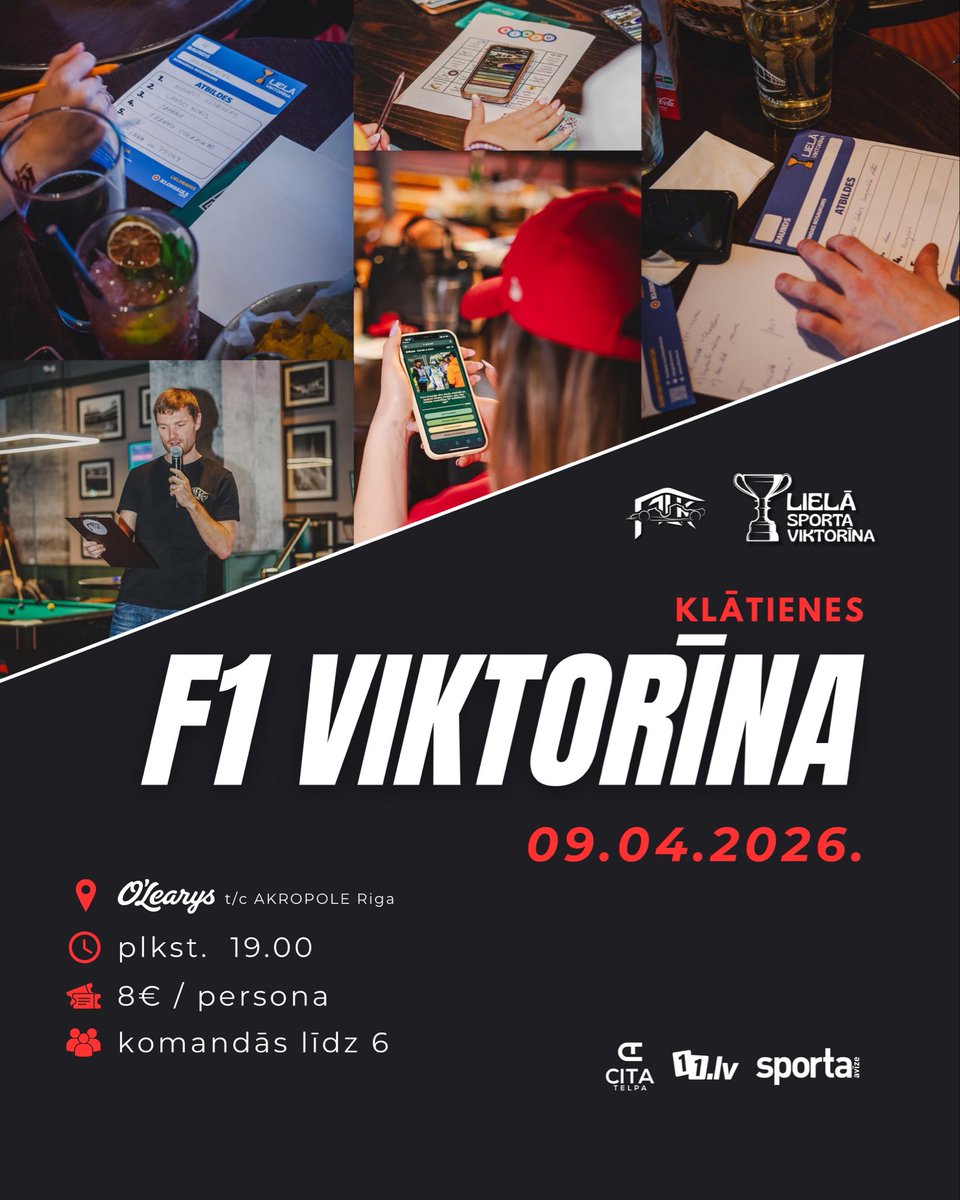 f1_fanu_klubs's tweet photo. 🏎️ Starta gaismas nodziest, tiekamies viktorīnā! 🔴🔴🔴🔴🔴
📅 9. aprīlis 🕖 19:00 📍 O'Learys, Akropole Rīga, Latgales iela 257 💶 Dalība 8 EUR 👥 Komandas līdz 6 cilvēkiem (ja nav komandas, uz vietas izveidosim) ✍️ Pieteikšanās: https://t.co/cfhmlFccuP vai nāc uz vietas https://t.co/iWdFhpqOjS
