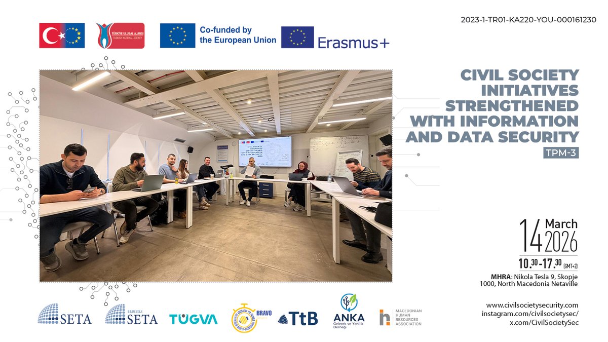 BrusselsSeta's tweet photo. Co-funded by the @ulusalajans, the project Civil Society Initiatives Strengthened with Information and Data Security held its third Transnational Project Meeting (TPM-3) on 14 March 2026 in Skopje, N. Macedonia, hosted by MHRA.
@setavakfi
@CivilSocietySec https://t.co/jEjlATZNQv