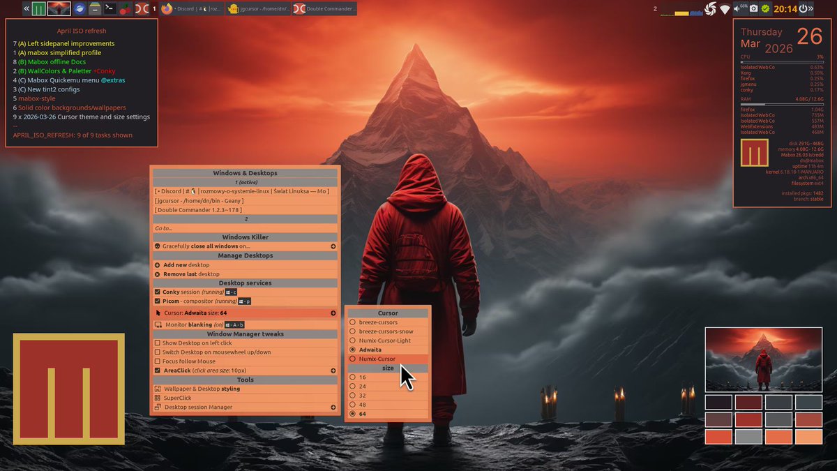 MaboxLinux's tweet photo. [NEW] Quick change of cursor theme and size.

Windows &amp; Desktops menu can be invoked by:
- left‑clicking on the desktop while holding the Super (Windows) key
- using the key combo W-A-d
- clicking the top edge of the screen https://t.co/8xgj7TiPQ9