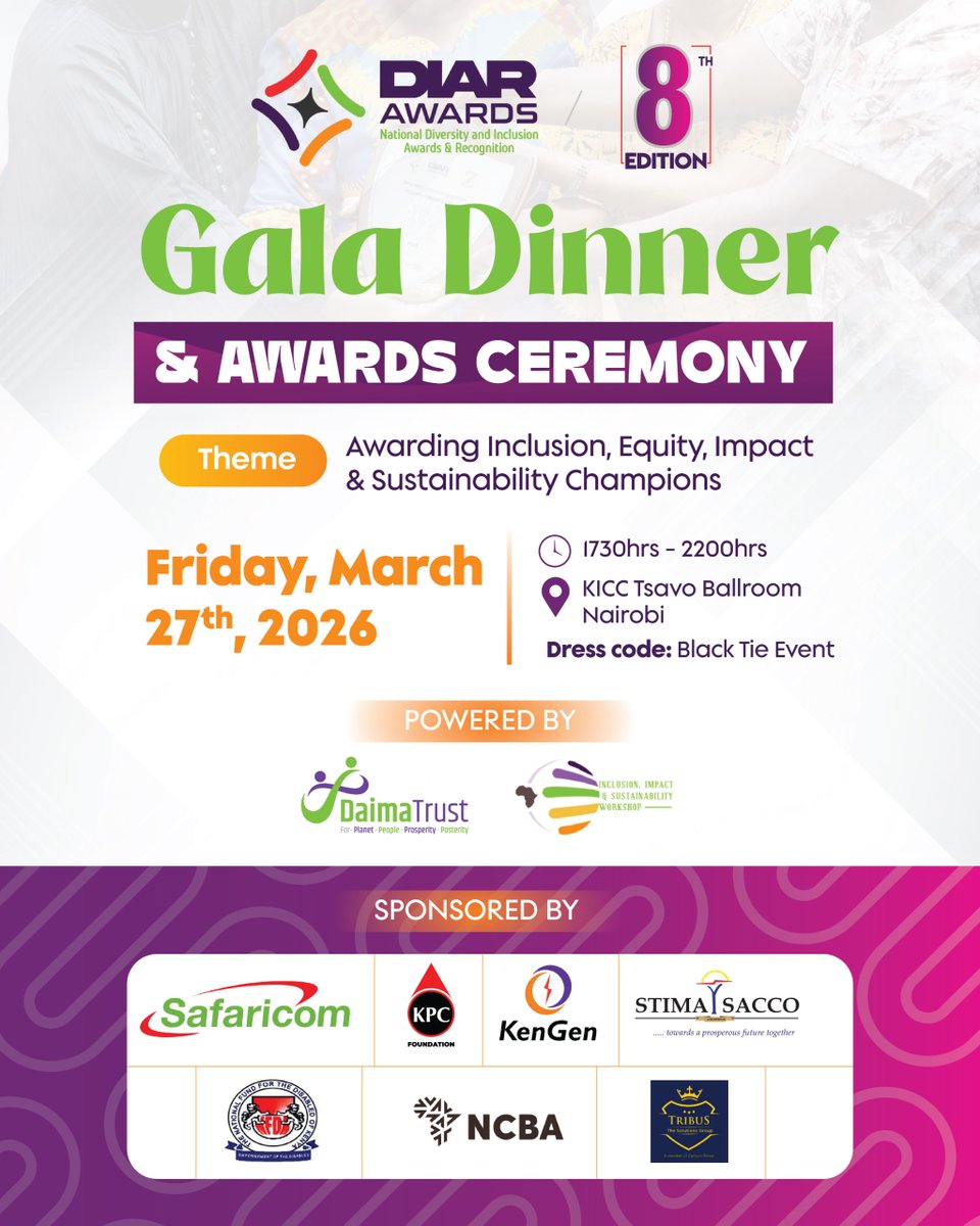 DIAR_Awards's tweet photo. Everything You Need to Know — In One Place.

All the essential details for the DIAR Awards 8th Edition Gala Dinner & Awards Ceremony are captured in this poster — your guide to one of Kenya’s most anticipated leadership gatherings.

From the date, venue, and time to the experience and expectations, it’s all here.

Take a moment to review, confirm your participation, and prepare to be part of an evening of recognition, inspiration, and connection at the iconic Kenyatta International Convention Centre.

We look forward to welcoming you.

This is DIAR. This is Daima Trust.

For the People.
For the Planet.
For Prosperity — for Posterity.