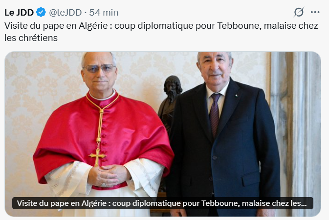 AB_France01's tweet photo. Pendant que le régime algérien ferme méthodiquement les églises, notamment en Kabylie, terre refuge du christianisme berbère, tandis qu’il emprisonne des hommes et des femmes pour le seul crime d’avoir choisi le Christ, le Pape Léon XIV s’apprête à se rendre en visite officielle à Alger, à l’invitation du président Tebboune.
On pense à Slimane Bouhafs, ce chrétien kabyle persécuté, condamné, traqué, contraint à l’exil puis kidnappé, simple symbole parmi tant d’autres d’une répression qui ne dit pas son nom. 
On pense aux quarante-sept églises protestantes d’Algérie, presque toutes scellées aujourd’hui, dont la grande majorité se trouvait en Kabylie. 
On pense à ces pasteurs jetés en prison pour « exercice de culte non autorisé », à ces fidèles interrogés pour avoir simplement possédé une Bible, à ces convertis traités en déviants dans leur propre pays.
Et pendant ce temps, le Saint-Père va serrer la main de ceux qui orchestrent cette persécution silencieuse mais implacable. Il va célébrer la messe à Notre-Dame d’Afrique, rendre hommage aux martyrs de la guerre civile… tout en offrant au régime la plus belle des légitimations morales et médiatiques.
Le christianisme mérite mieux que ce cynisme.
Il mérite mieux que ce silence complice face à la persécution de ses propres fils et filles. Il mérite mieux qu’un dialogue interreligieux de façade qui flatte le pouvoir et oublie les victimes. Il mérite mieux que cette étrange diplomatie qui choisit de courtiser les bourreaux plutôt que de défendre les persécutés avec la même force que celle qu’il déploie parfois ailleurs.
Car l’Algérie n’est pas n’importe quel pays : c’est la terre de saint Augustin, père de l’Église, berceau d’une foi millénaire que l’on prétend aujourd’hui étouffer sous le sceau de la « souveraineté nationale ». Accepter sans un mot clair et public cette chasse aux chrétiens, c’est trahir non seulement les martyrs d’aujourd’hui, mais aussi la mémoire de ceux qui ont fait de cette terre un haut lieu de la chrétienté.
Le vrai courage pastoral ne consiste pas à être reçu avec les honneurs par ceux qui ferment les églises, mais à oser dire, haut et fort, que nul ne peut se prétendre ami du Christ tout en persécutant ses disciples.
Le christianisme mérite mieux. Il mérite la vérité. Il mérite la liberté. Il mérite que son pasteur suprême ne se contente pas d’être un hôte poli, mais qu’il soit, avant tout, le défenseur intraitable de ceux qui souffrent pour leur foi.