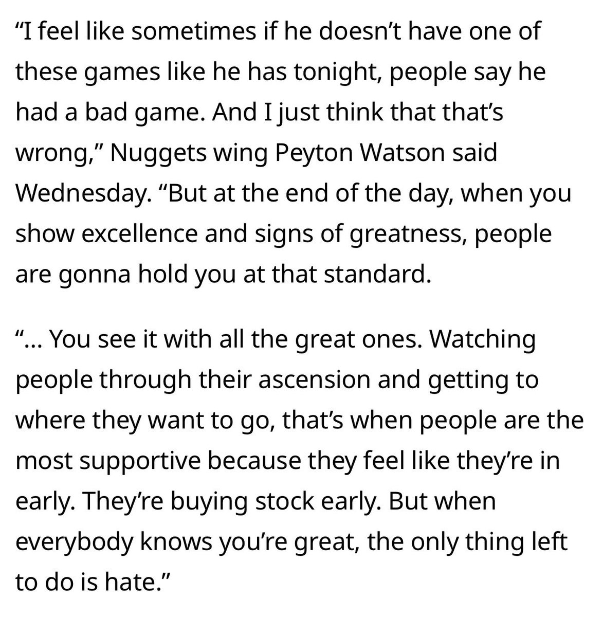 BennettDurando's tweet photo. Amid fading MVP chances, Nikola Jokic combined for 46 points, 38 rebounds and 36 assists in a back-to-back Tuesday and Wednesday. Peyton Watson (he asked to be tagged, so @peytonwatson_) had this to say last night about how Jokic is perceived/judged in those award conversations. https://t.co/o0JauWAznc