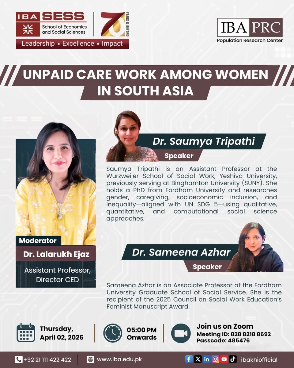 PRC_IBA's tweet photo. Join us on Thursday April 02 at 5pm PKT for an insightful #Webinar

Dr. Saumya Tripathi &amp; Dr. Sameena Azhar will talk about 'Unpaid #care work among #women in #SouthAsia' 

@sess_iba @ibakhiofficial @khadija_bari9 @FordhamNYC
@lalarukhejaz https://t.co/uj9f86H5Au
