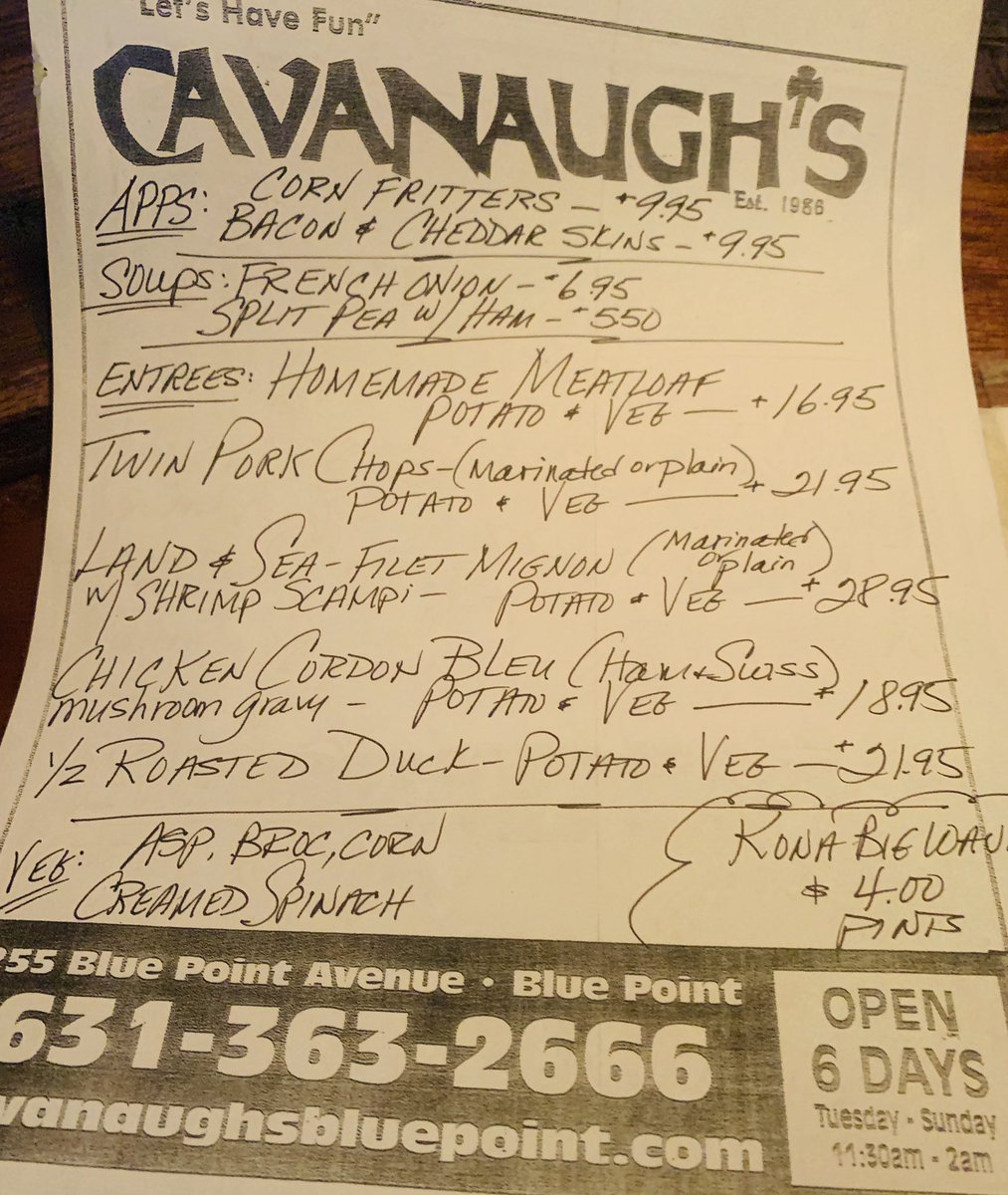 CavanaughsPub's tweet image. Thursday Night Dinner Specials, Kitchen Serving Till 9:30pm. #BluePoint #Kona #Beerofthemonth #Bayport #Steaks #Cavs #Wings