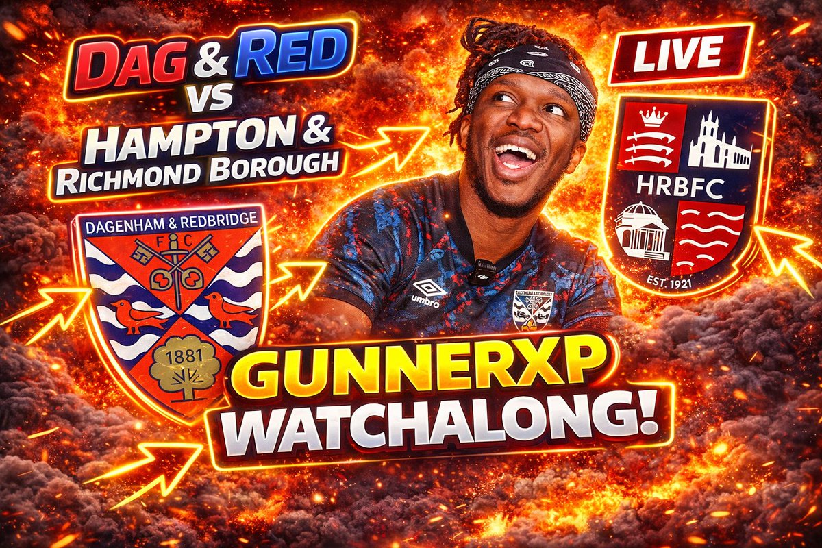 SulllivanAustin's tweet photo. 🔥 LIVE WATCHALONG 🔥
Dagenham &amp; Redbridge vs Hampton &amp; Richmond Borough ⚽
🕒 14:45 UK TIME | 28th March 2026
Can KSI’s team get the win?! 👀
#GunnerXP #KSI #Football 

LINKS IN BIO https://t.co/YpVMOevDtx