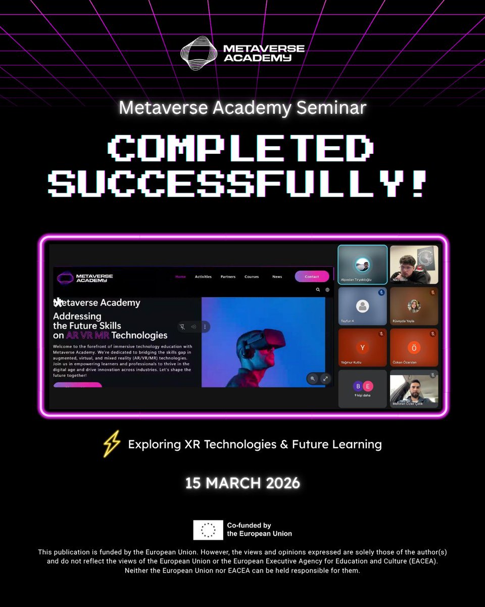 Metaverse Academy seminar successfully completed!

Thank you to everyone who joined us to explore AR, VR, and MR technologies 👏

📚 Continue learning with free content:
 metaverse-academy.tech
🚀 Stay tuned for upcoming trainings!
#metaverse #vr #ar #xr #digitaleducation