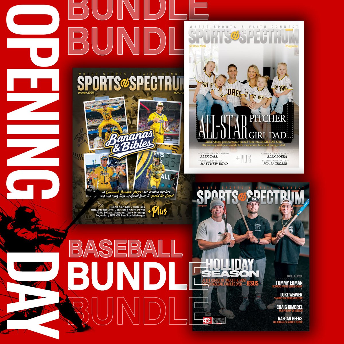 Sports_Spectrum's tweet photo. Baseball is back! Get your baseball fix with our recent baseball-focused editions:

• Spring 2026 &amp; Padres pitcher Jason Adam
• Winter 2025 &amp; the Savannah Bananas
• Spring 2025 &amp; Matt, Jackson, Ethan Holliday

Limited copies remain!
https://t.co/giUfC1eGZM https://t.co/sZ7RP0McSd