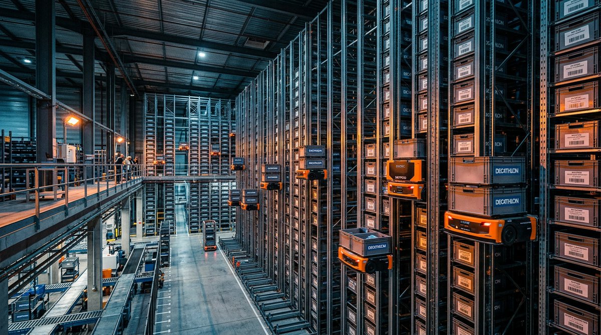 Robots autonomes Skypod dans un entrepôt logistique automatisé