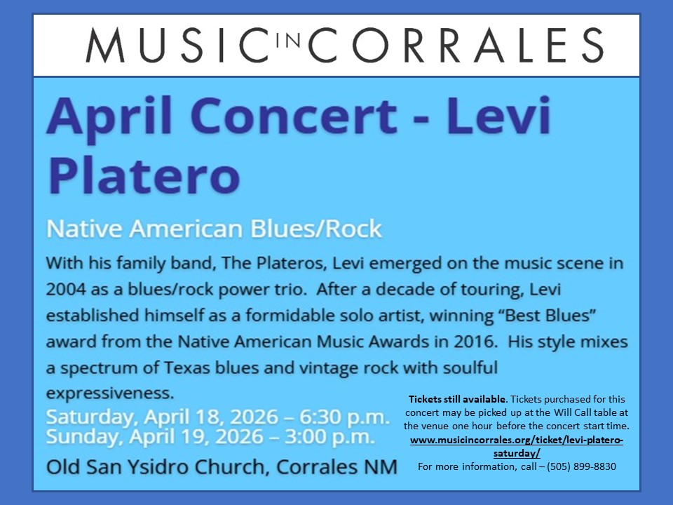 🎶 Live music in Corrales this weekend!

Levi Platero brings award-winning blues and rock to Old San Ysidro Church. Catch him April 18 (6:30 PM) or April 19 (3 PM).

🎟 musicincorrales.org

#VillageOfCorrales #LiveMusic #SeeSandoval