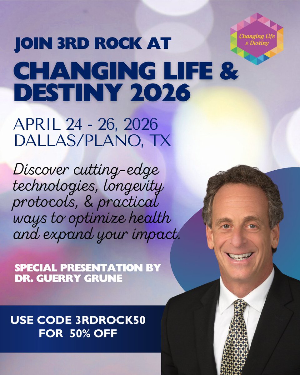 3rdRkEssentials's tweet photo. We’re excited to share that 3rd Rock Essentials will be at Changing Life &amp; Destiny 2026 (CLD) this April 24–26 in Dallas.
Our founder, Dr. Guerry Grune, will be speaking, and our team will be on-site showcasing our suite of innovative, non-toxic products. #ChangingLife #health https://t.co/KnnXabBijx
