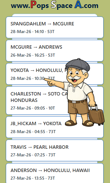 PopsSpaceA's tweet image. ✈️ New flight schedules just appeared across the network.

Pop found a flight from YOKOTA to HONOLULU, HAWAII: 73T tentative seats, 28 MAR 2026, 10:30 roll call. Check it out!

PopsSpaceA.com

#PopsSpaceA #SpaceA #Yokota #HonoluluHawaii